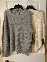 Vince Camuto Rib Pointelle Detail Cotton Blend Sweater Grey or White L o... - £23.13 GBP