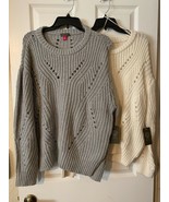 Vince Camuto Rib Pointelle Detail Cotton Blend Sweater Grey or White L o... - $28.98