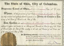 1870 State of Ohio City of Columbus Supreme Court Certificate To Practic... - £140.38 GBP