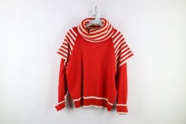 Vintage 80s Mid Mod Womens Large Striped Layered Knit Turtleneck Sweater Red - £39.52 GBP