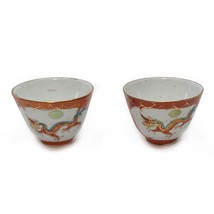 Set of 2 Chinese Footed Tea Cups Red &amp; Gold Dragon And Phoenix Bird Mid-... - £15.55 GBP