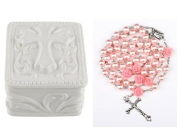 Porcelain Cross Rosary Box &amp; Pink Rose Bead Rosary First Communion Bapti... - £15.94 GBP