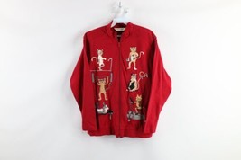 Vintage 90s Streetwear Womens Size Medium Gym Cats Kitten Full Zip Jacket Red - £38.85 GBP