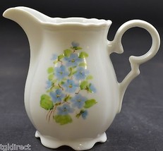 Vintage Blue Floral Pattern Creamer Pitcher Hand Painted By Lindy 3.75&quot; Cream - £10.06 GBP