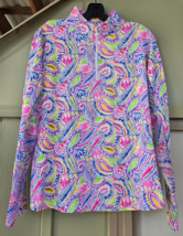 IBKUL MASSIE Print Long Sleeves 1/4 Zip Mock Neck Golf Top in Hot Pink/Y... - $39.97 CAD