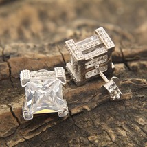 10.50Ct Princess Cut Cz Solitaire with Accent Stud Earrings 14k White Gold Over - £94.27 GBP