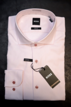 HUGO BOSS Uomo Max Sharp Fit Facile Ferro Elasticizzato Cotone Rosa Camicia 39 - $63.99