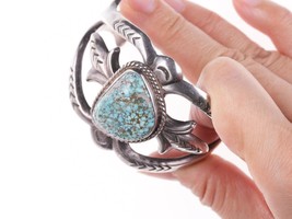 6.5&quot; Vintage Navajo Tufa cast silver bracelet with turquoise - £336.32 GBP