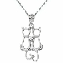 925 Sterling Silver A Pair of Love Cats Heart CZ Openwork Pendant Necklace - £25.62 GBP+