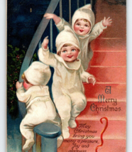 Christmas Postcard Ellen Clapsaddle Children On Stairs One Slides Down Railing - £24.86 GBP