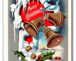 Merry Christmas Gilt Bells Icicles Holly w Berries Embossed DB Postcard U27 - $5.89