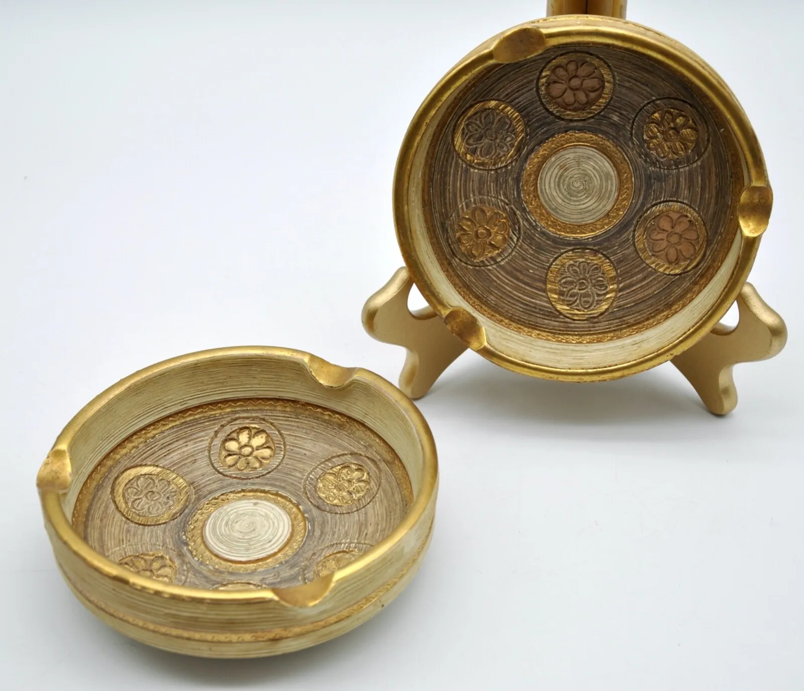 2 Vintage Italian Brown & Gold Pottery Ashtrays 6” Mid Century - £70.00 GBP