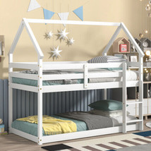 Twin over Twin Loft Bed with Roof Design, Safety Guardrail, Ladder, White - $298.45
