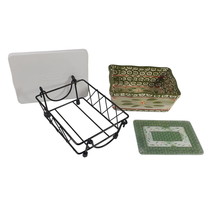 Temp Tations 1 Quart Old World Green Baking Dish Glass Plate Stand Cover - £29.28 GBP