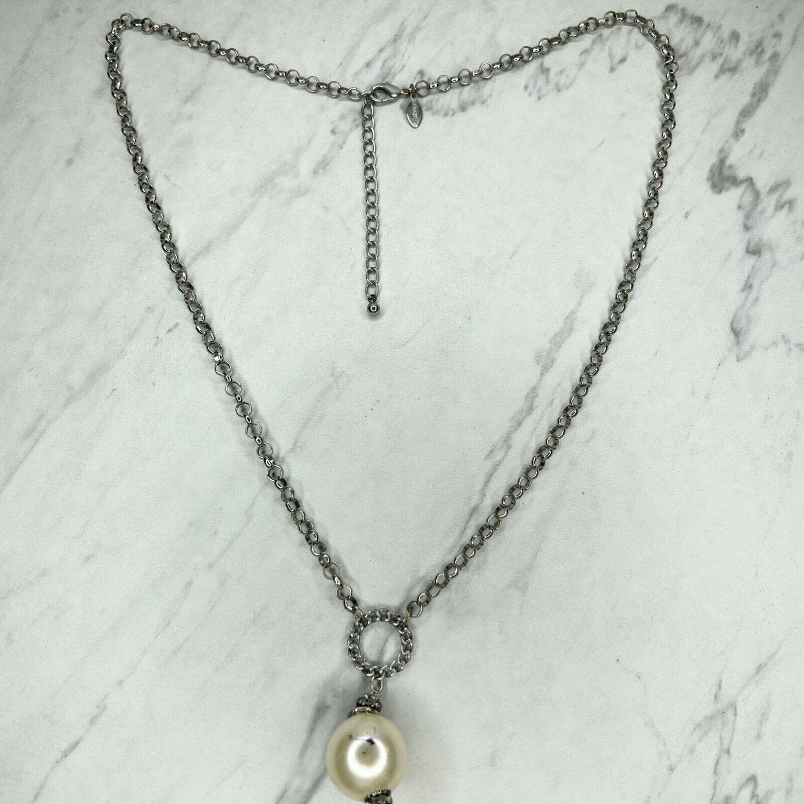 Primary image for Chico's Silver Tone Chain Link Faux Pearl Rhinestone Pendant Necklace