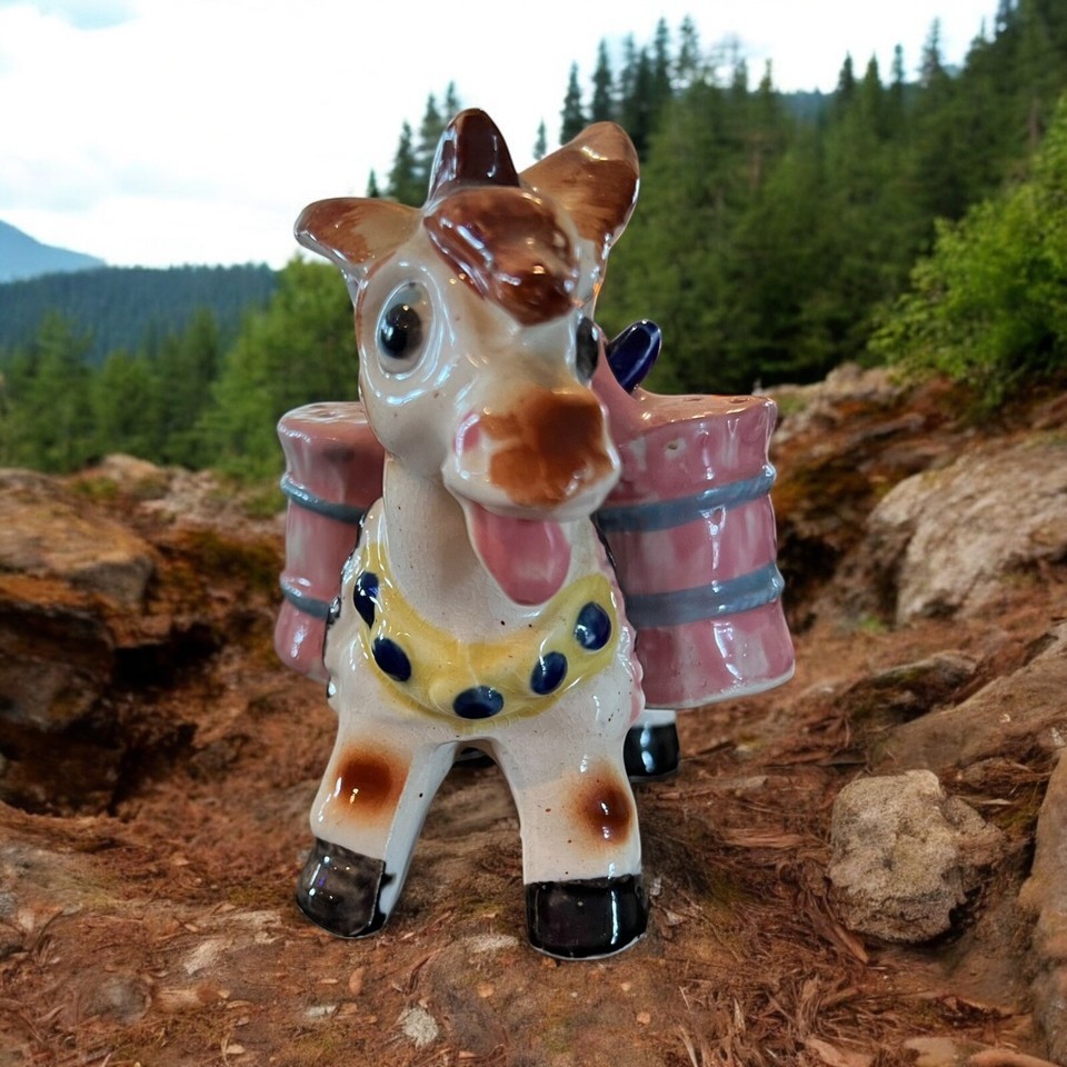Vintage Ceramic Mule Horse Donkey Carrying Salt And Pepper Shakers Side ... - $26.99
