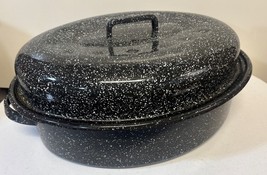Black White Speckled Enamel Roasting Pan Lid Turkey Roaster 16x12x4 Vintage - $15.84