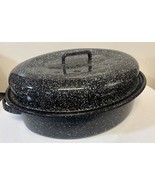 Black White Speckled Enamel Roasting Pan Lid Turkey Roaster 16x12x4 Vintage - $15.84