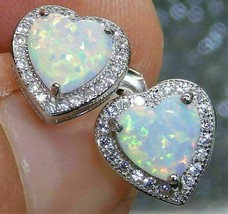 2Ct Heart Cut Fire Opal Diamond Push Back Halo Stud Earrings 14K White Gold Over - £78.84 GBP