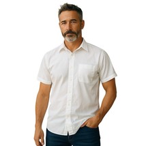 Basic Editions Mens Button Front White Tan Short Sleeve Shirt 16 1/2 - $11.77