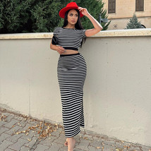 womens party dress Casual Striped Backless Short Sleeve Top Slim fit Skirt - $40.55