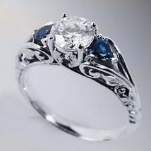 925 Silver Real Moissanite &amp; Blue Sapphire Engagement Ring Valentine&#39;s Day Gifts - £112.08 GBP