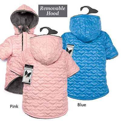 Elements Quilted Hearts Design Dog Coat In Blue or Pink With Removable Hood