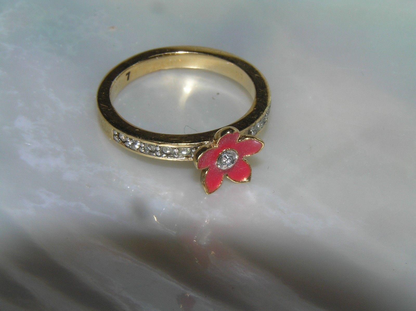 Estate Juicy Couture Signed Goldtone Band w Clear Rhinestone Sides & Red Enamel - $17.65