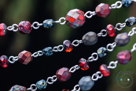 extra-long Czech glass boho necklace, grey and red, handmade in USA, ooak - £30.30 GBP