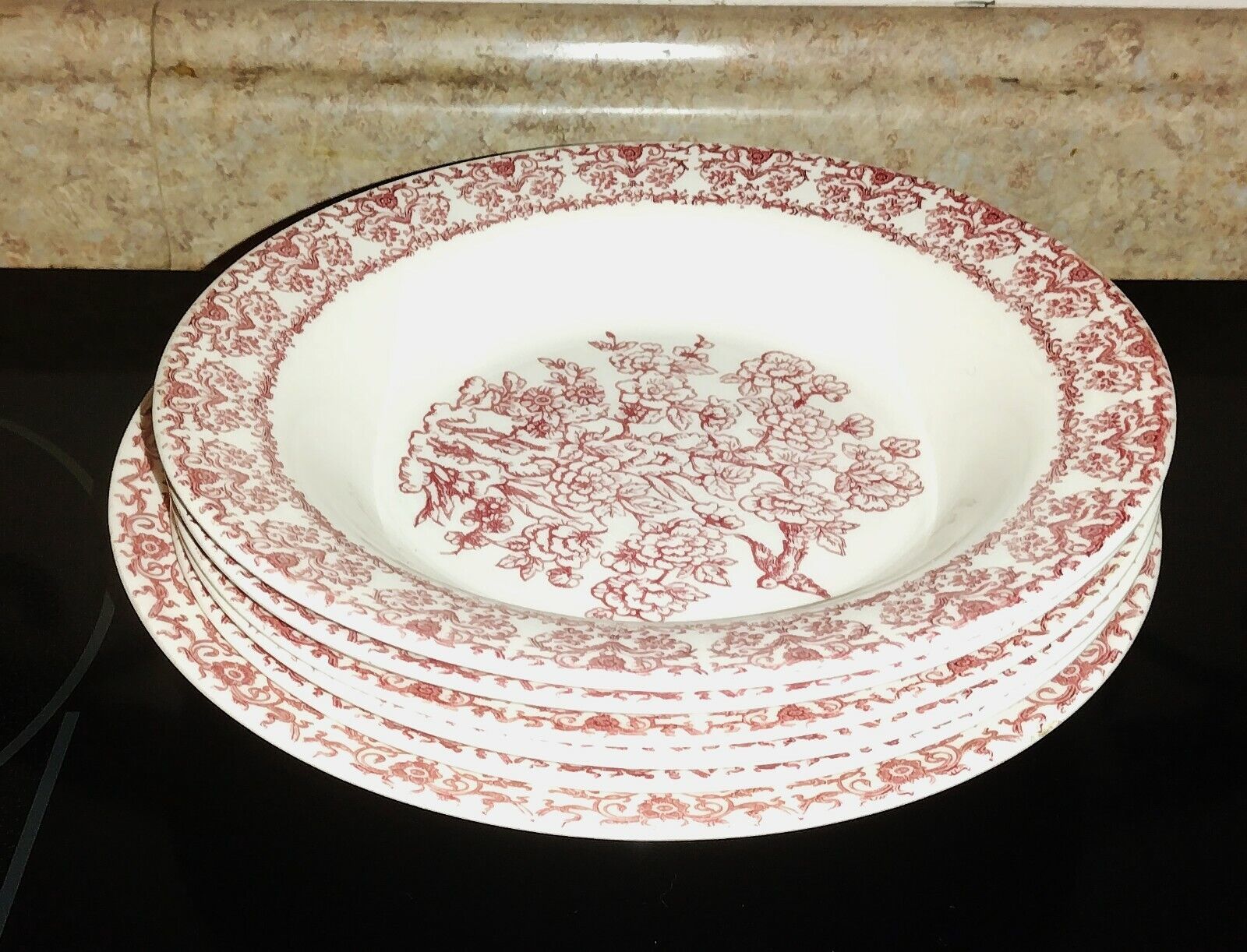 Primary image for Royal China Underglaze Vegetable Bowl & 5 Soup/Salad Bowls 52 Red/Pink Transfer