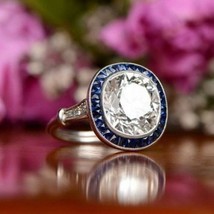 Sapphire Halo Diamond Ring/ Woman&#39;s Wedding &amp; Engagement Ring/Old Mine C... - $151.00