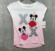 Disney Girls Mickey &amp; Minnie &#39;XoXo’ Short Sleeve T-Shirt Size M 7/8  NEW - £8.01 GBP