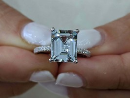 3Ct Émeraude Simulé Aigue-Marine Anneau Fiançailles Diamant 14K Plaqué or Blanc - £95.26 GBP
