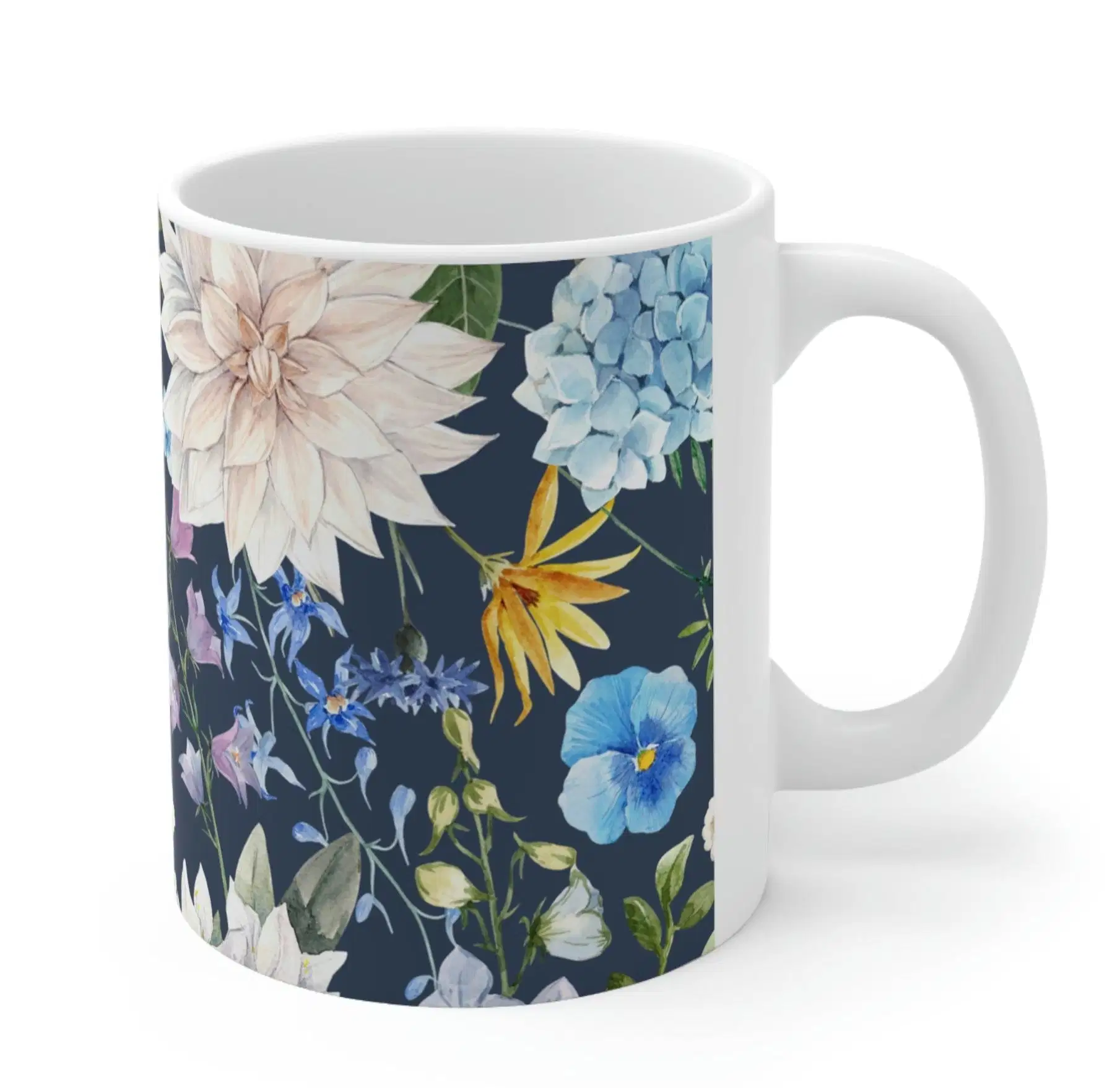 Navy Blue Floral White Coffee Mug, ceramic, 11 oz, summer, garden, kitchen - £16.18 GBP