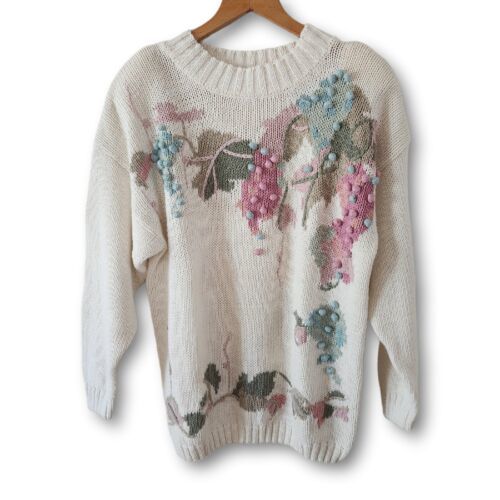 Primary image for Vintage 80s Kirsten Grey Knit Sweater Pullover Pastel Floral Grapes Cottagecore