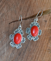 coral earrings, tribal earrings, red stone earrings, sterling silver E425 - £21.22 GBP