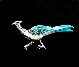 PHEASANT PIN Vintage Blue Green Brooch Wild Bird Rhinestones Enamel Silv... - $12.99