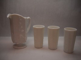 WESTMORELAND Vintage White MILK GLASS Pitcher 3 WATER GLASSES Grape DESIGN - £37.97 GBP