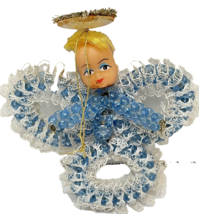 Vintage Handmade Angel Bead and Lace Christmas Ornament Blue White 4.5 inches - £10.59 GBP
