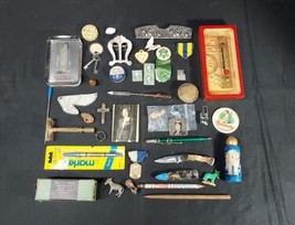 OLD JUNK DRAWER LOT Celluloid Mirrors Medals Razor Lead Toy Perfume Bott... - $18.49