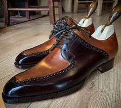 Handmade Men&#39;s Outclass Tuxedo Oxfords Split Lace Up Brown Two-tone Form... - $159.00