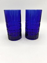 Anchor Hocking Cobalt Blue TARTAN Plaid 12 oz Glasses Tumblers 5.25&quot; Tall 2 Pc. - £16.03 GBP