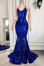 Spaghetti-Straps Royal Blue Long Mermaid Prom Dress With Sequins - £159.13 GBP