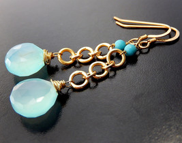 Blue Chalcedony Earrings, Gold Vermeil Drops, Gemstone Teardrop Dangle Earrings - £26.37 GBP