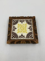 Vintage DAL TILE Mexico Ceramic Tile Wood Frame Trivet Footed Yellow Brown - $15.78