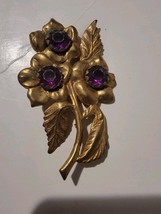 1920s C Clasp Gold Tone Brooch Purple Gemstones Flowers Vintage Pinback - $48.99