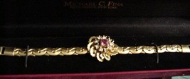 Gorgeous Goldtone Bracelet Center Floral w/ Cranberry &amp; Clear Rhinestones NIB - £102.30 GBP