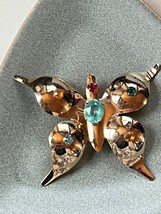 Vintage HUGE Thin Goldtone BUTTERFLY Moth w Colorful Rhinestone Accents Pin Broo - £13.22 GBP