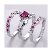 3PCs Women Sterling Silver Ruby Celtic Claddagh Ring Set Wedding Engagement - £67.02 GBP