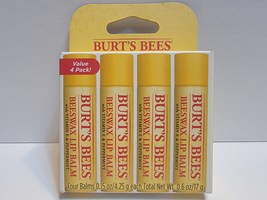 New Burt&#39;s Bees Beeswax Lip Balm With Vitamin E &amp; Peppermint Lip Care 4 Pack NIB - £3.16 GBP